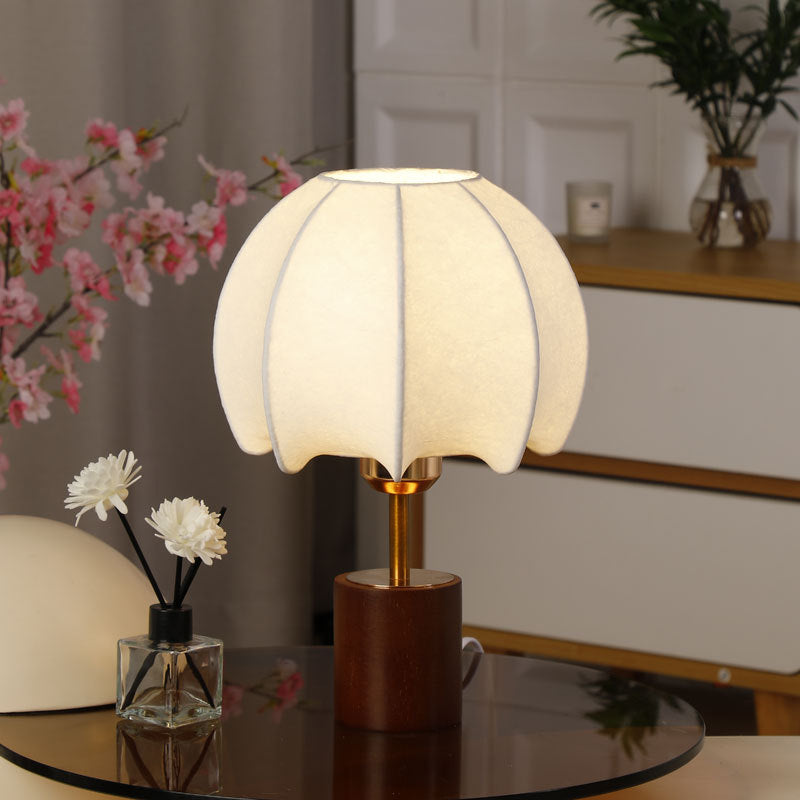 Sculptural Table Lamp with Wooden Base, Brass Stem, and Cardboard Shade | Thrascher