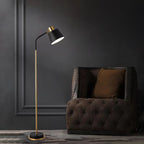 Slim Brass Torchiere Floor Lamp with Tilted Cone Shade and Adjustable Neck | Thrascher