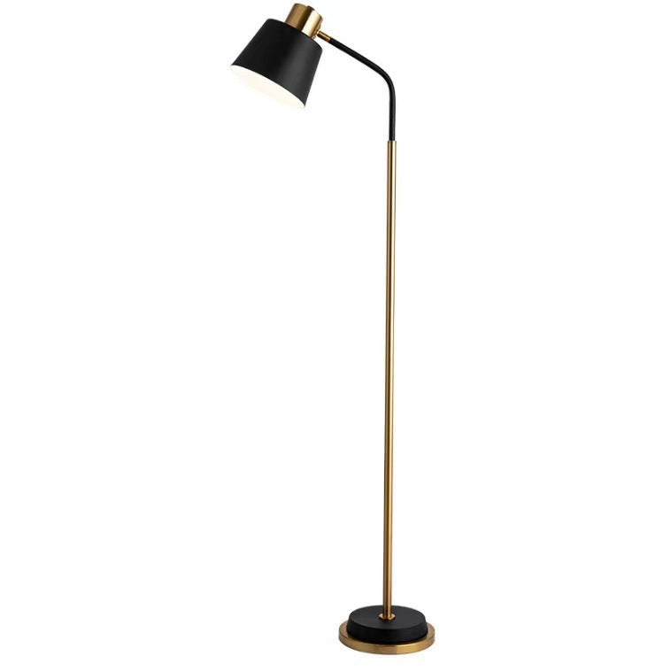 Slim Brass Torchiere Floor Lamp with Tilted Cone Shade and Adjustable Neck | Thrascher