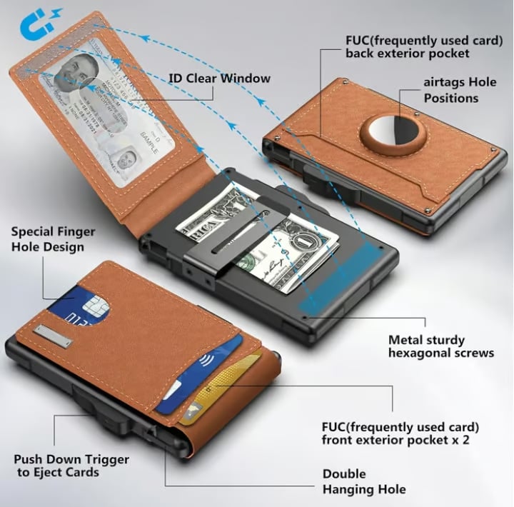 Slim Leather and Aluminum Pop-Up Bifold Wallet with Money Clip, view 7