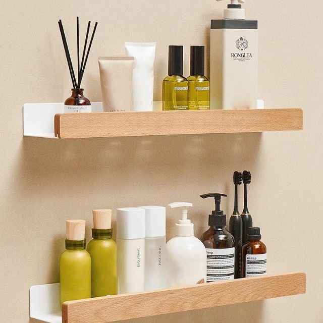 Solid Wood No-Drill Wall-Mounted Bathroom Shelf Organiser Rack, 15.7 in, view 10