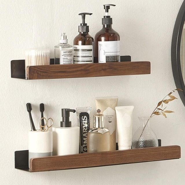 Solid Wood No-Drill Wall-Mounted Bathroom Shelf Organiser Rack, 15.7 in, view 2