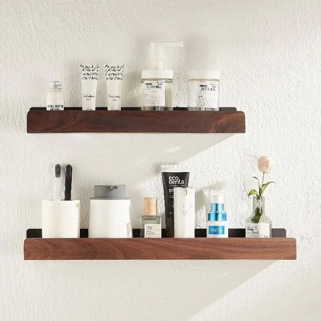 Solid Wood No-Drill Wall-Mounted Bathroom Shelf Organiser Rack, 15.7 in, view 4