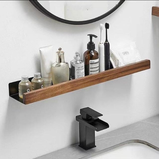 Solid Wood No-Drill Wall-Mounted Bathroom Shelf Organiser Rack, 15.7 in, view 7