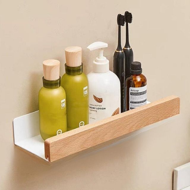 Solid Wood No-Drill Wall-Mounted Bathroom Shelf Organiser Rack, 15.7 in, view 9