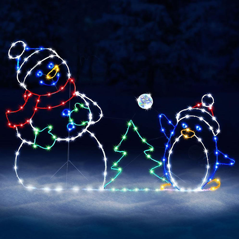 Animated LED Snowball Fight Outdoor Christmas Decor, Snowman and Penguin