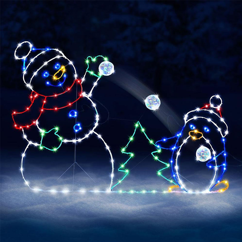 Animated LED Snowball Fight Outdoor Christmas Decor, Snowman and Penguin