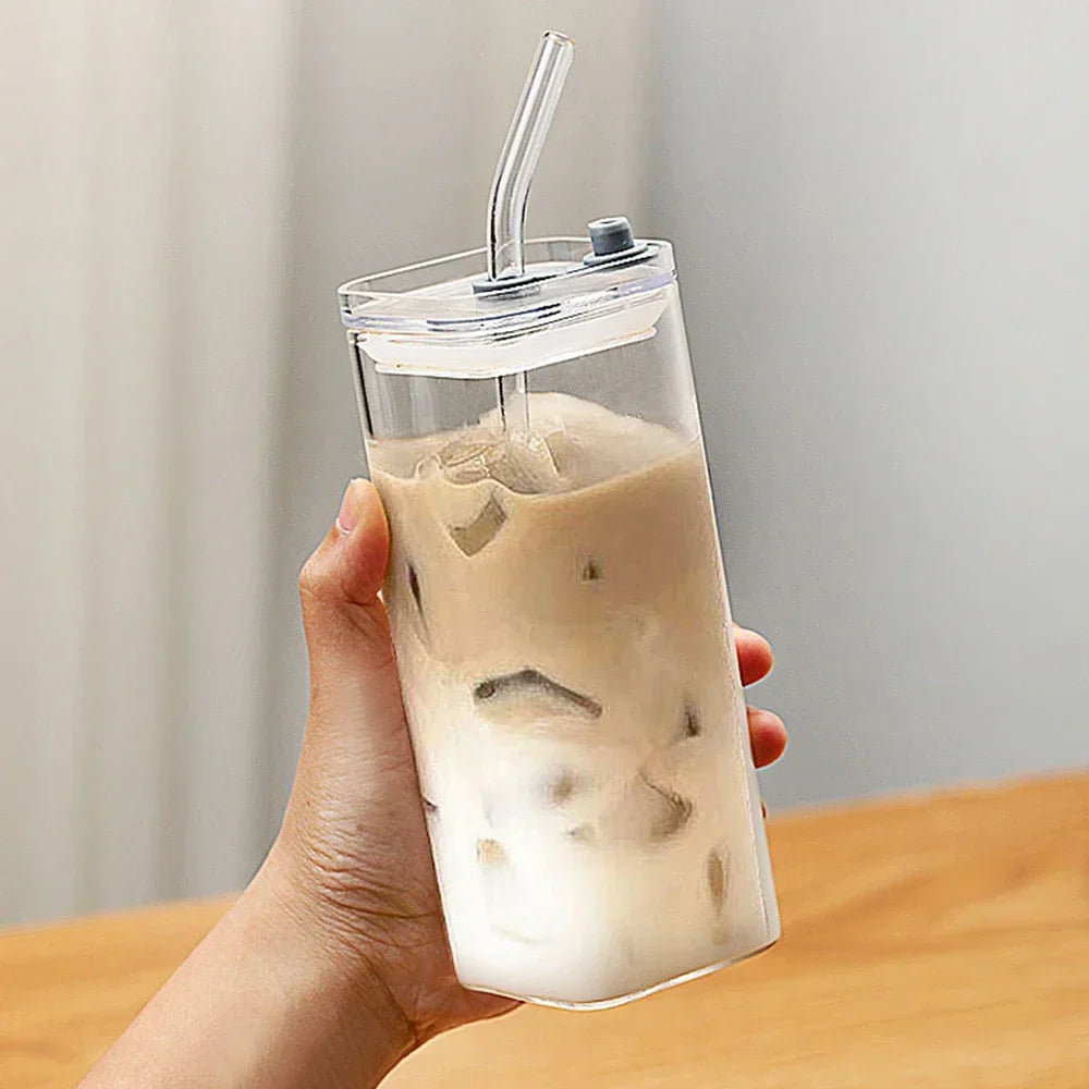 Square Borosilicate Glass To-Go Cup with Lid, 6 Inches High, 2 Inches Long