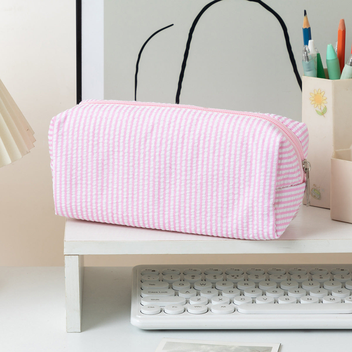 Striped Zippered Pencil Case Bag with Spacious Interior for Stationery, view 11