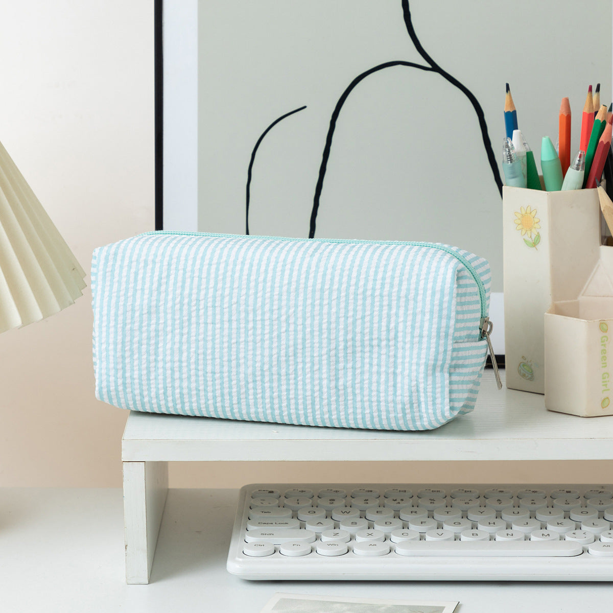 Striped Zippered Pencil Case Bag with Spacious Interior for Stationery, view 12