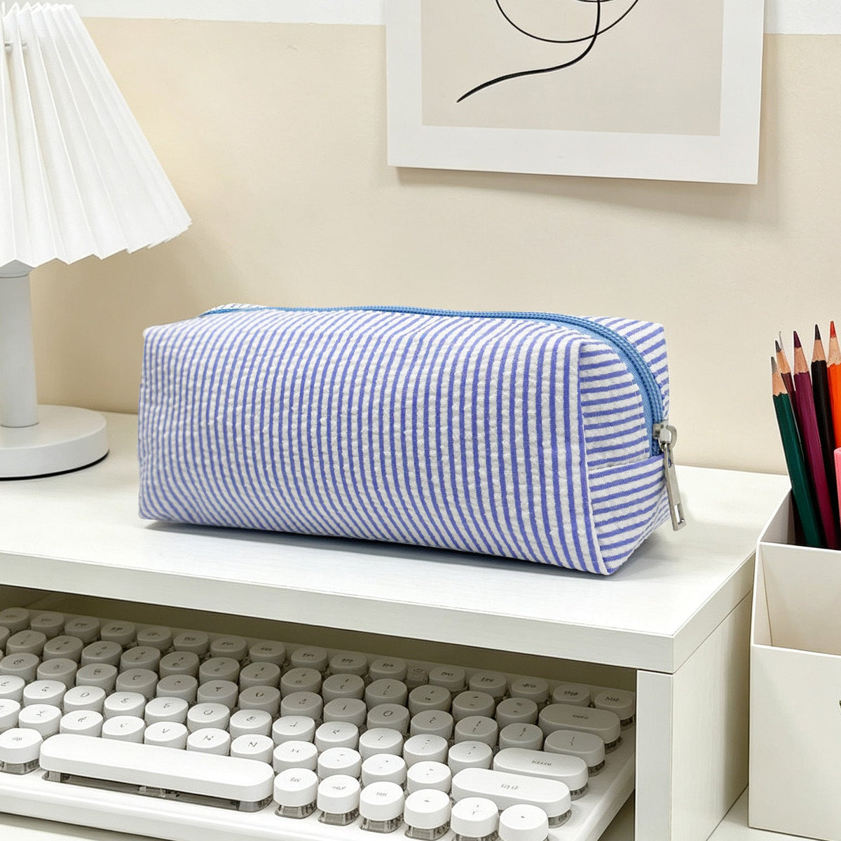 Striped Zippered Pencil Case Bag with Spacious Interior for Stationery, view 16