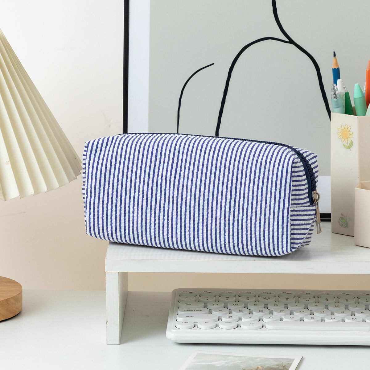 Striped Zippered Pencil Case Bag with Spacious Interior for Stationery, view 18