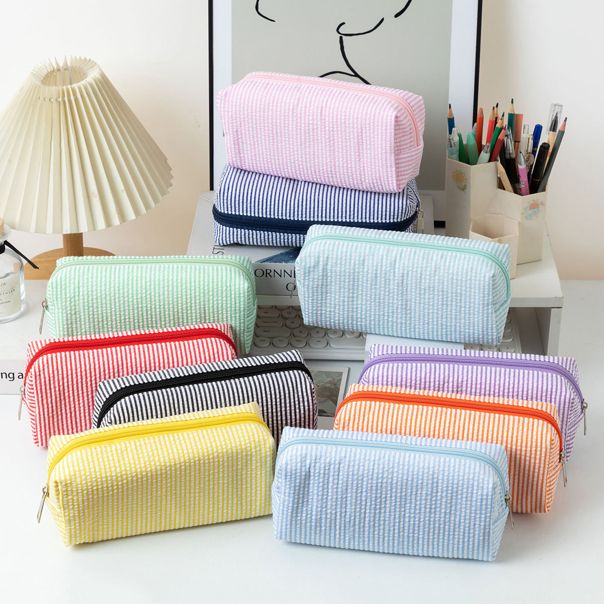 Striped Zippered Pencil Case Bag with Spacious Interior for Stationery, view 2