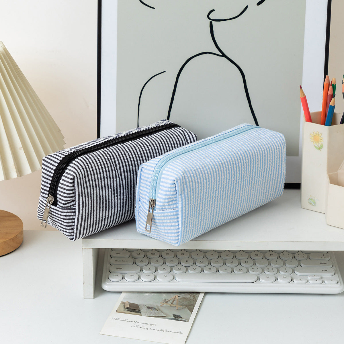 Striped Zippered Pencil Case Bag with Spacious Interior for Stationery, view 4
