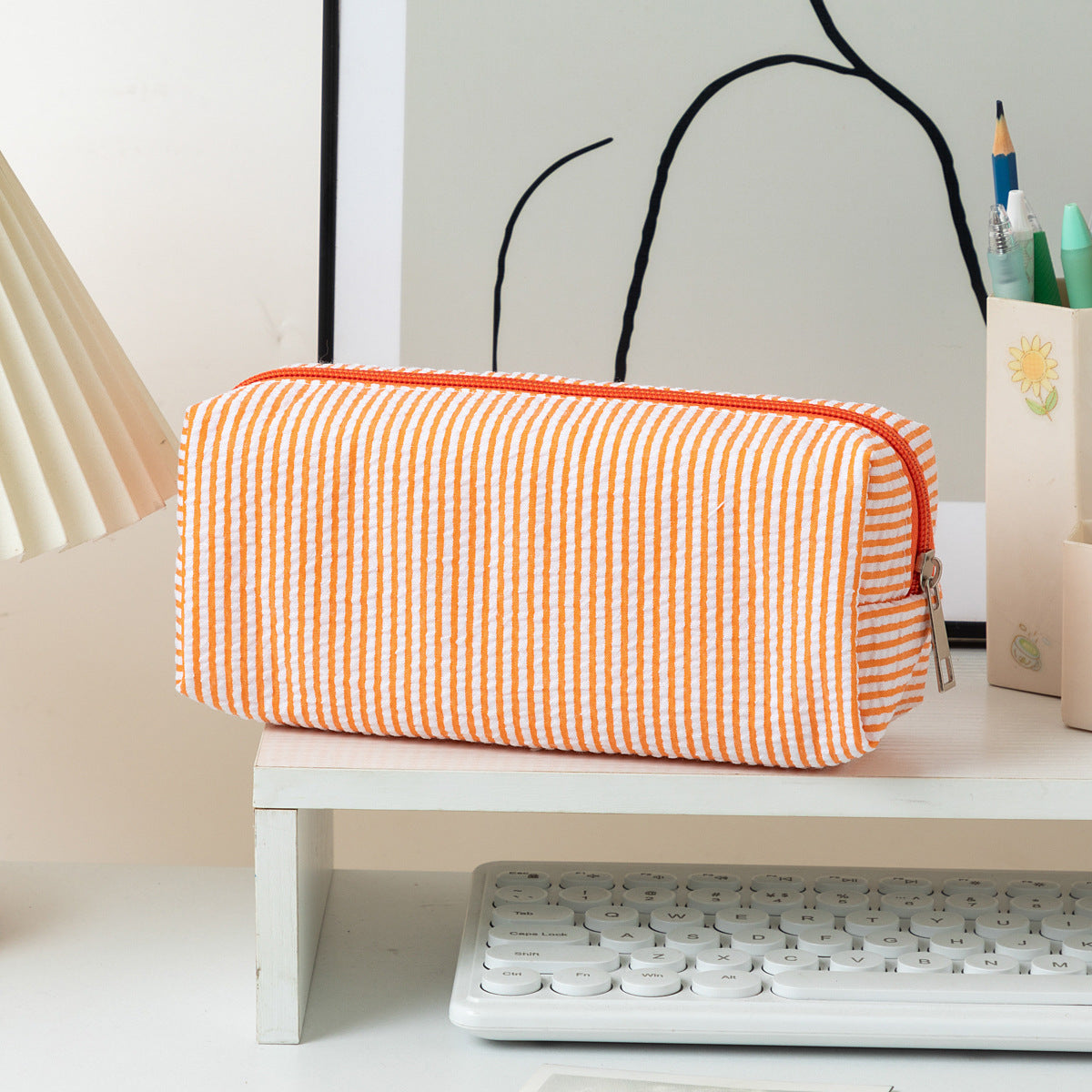 Striped Zippered Pencil Case Bag with Spacious Interior for Stationery, view 6