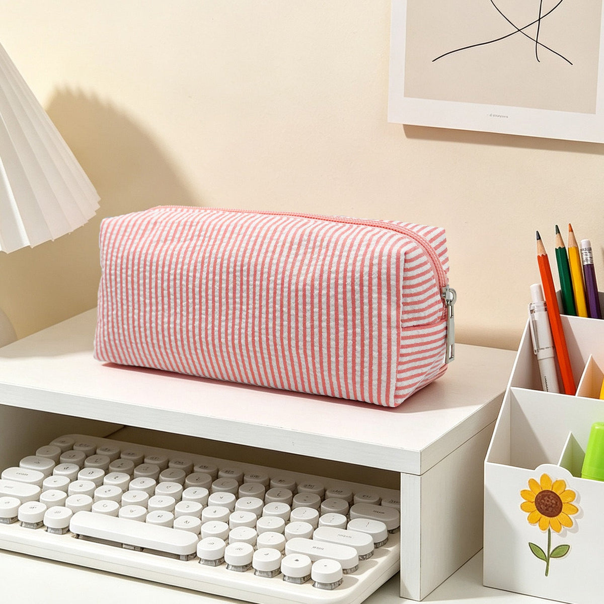 Striped Zippered Pencil Case Bag with Spacious Interior for Stationery, view 7