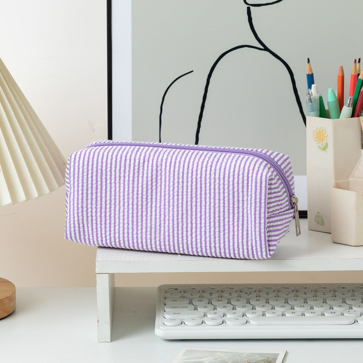Striped Zippered Pencil Case Bag with Spacious Interior for Stationery, view 8