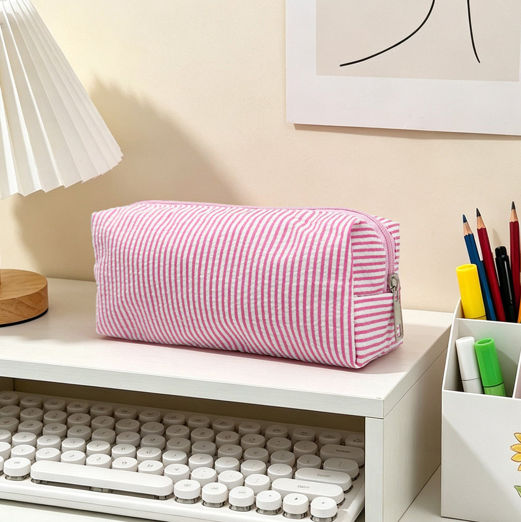 Striped Zippered Pencil Case Bag with Spacious Interior for Stationery, view 9