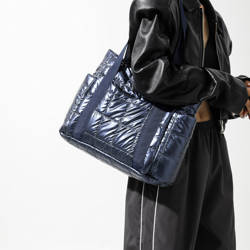 Stylish Puffer Tote Bag with Metallic Finish and Multiple Pockets, view 2