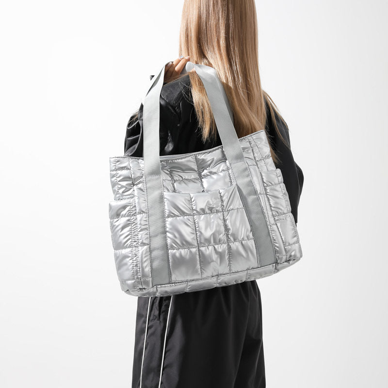 Stylish Puffer Tote Bag with Metallic Finish and Multiple Pockets, view 3