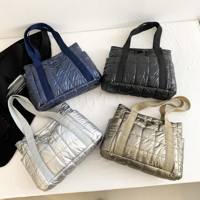 Stylish Puffer Tote Bag with Metallic Finish and Multiple Pockets, view 4