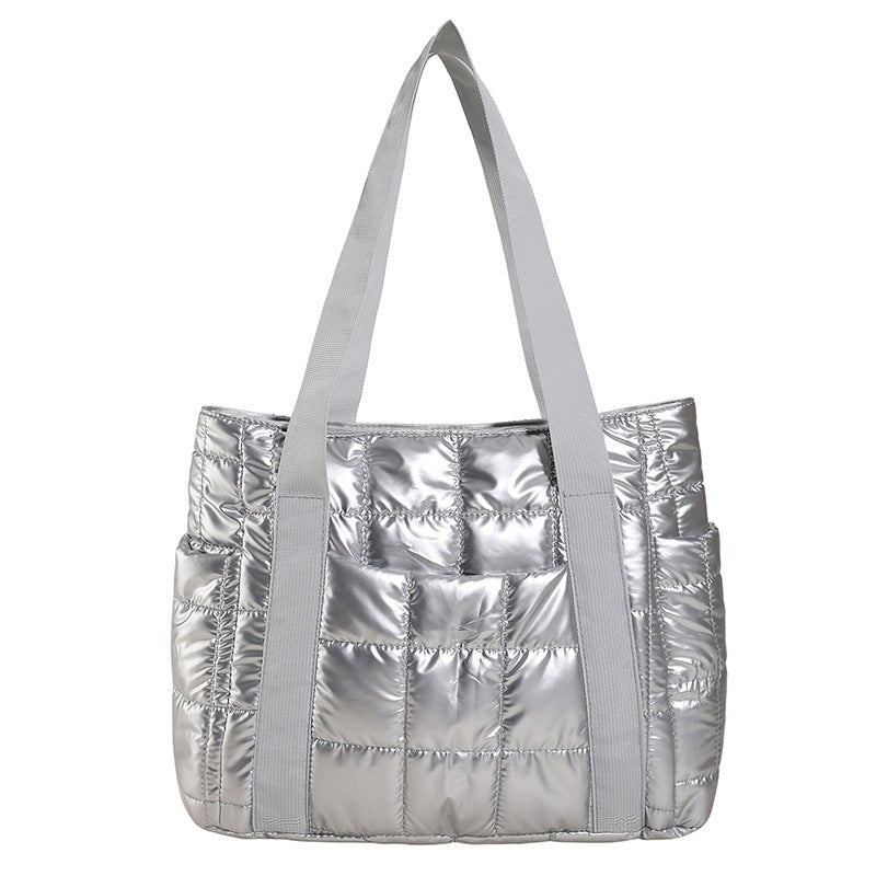 Stylish Puffer Tote Bag with Metallic Finish and Multiple Pockets, view 7