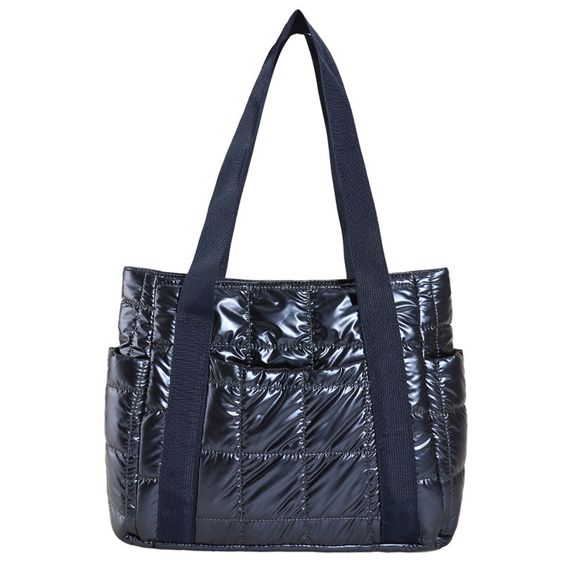 Stylish Puffer Tote Bag with Metallic Finish and Multiple Pockets, view 8