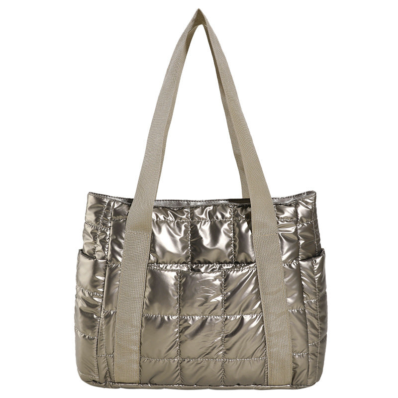 Stylish Puffer Tote Bag with Metallic Finish and Multiple Pockets, view 9