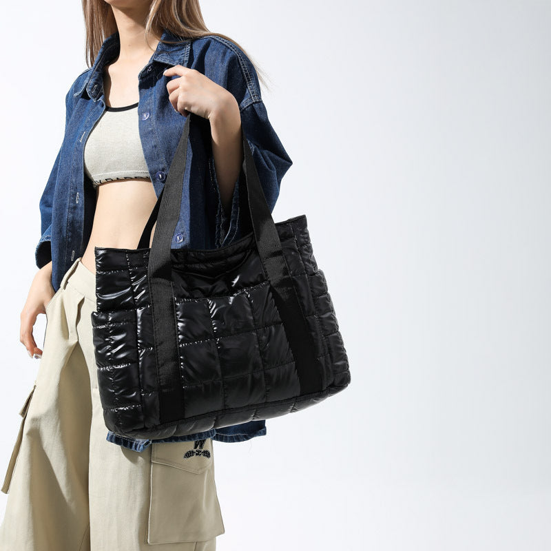 Stylish Puffer Tote Bag with Metallic Finish and Multiple Pockets