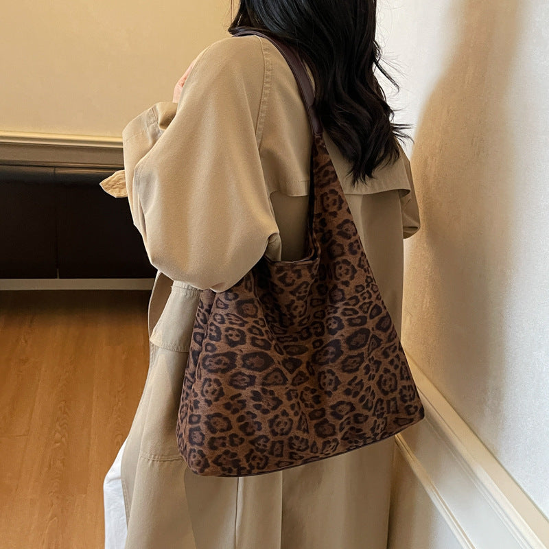Suede Leopard Print Hobo Bag with Long Shoulder Strap for Daily Essentials, view 3