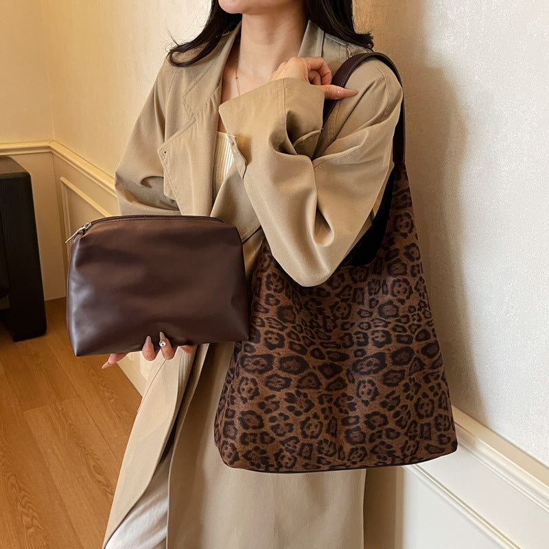 Suede Leopard Print Hobo Bag with Long Shoulder Strap for Daily Essentials