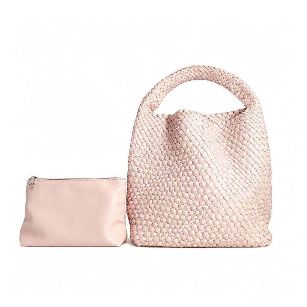 Textured Braided Vegan Leather Tote Bag with Cosmetic Case, view 2