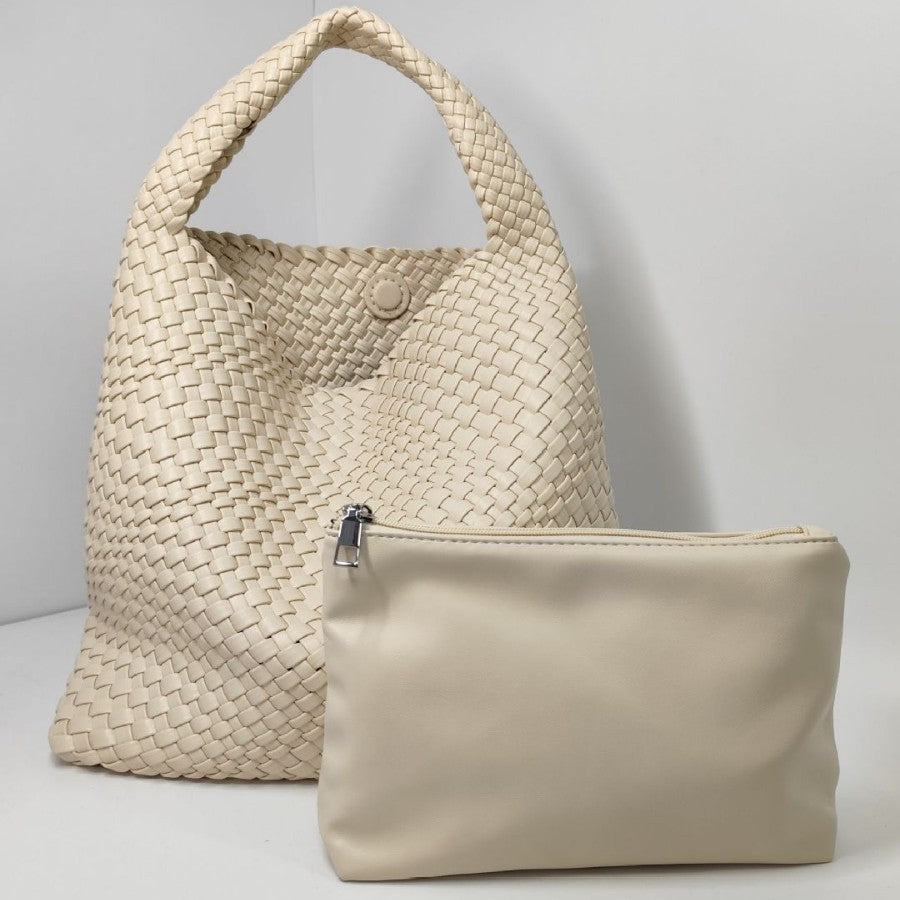 Textured Braided Vegan Leather Tote Bag with Cosmetic Case, view 3