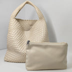 Textured Braided Vegan Leather Tote Bag with Cosmetic Case, view 3
