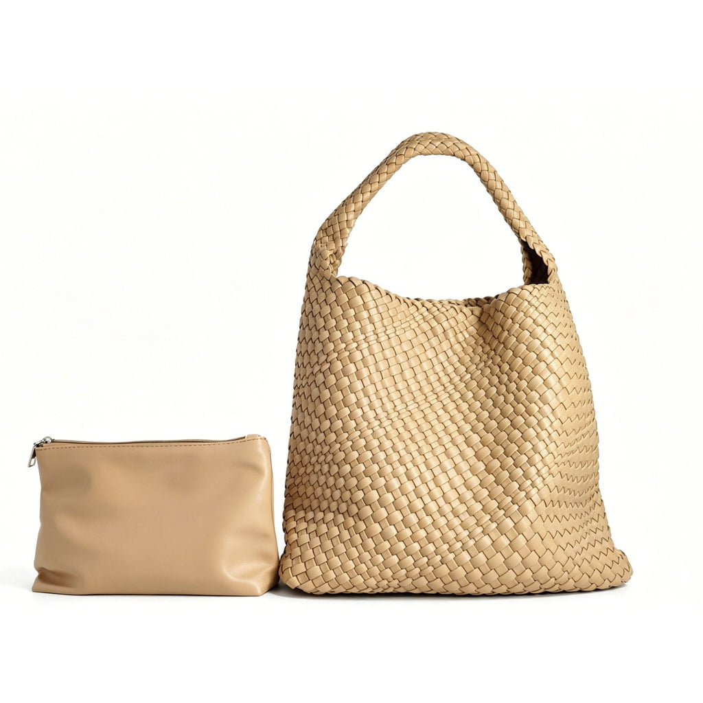 Textured Braided Vegan Leather Tote Bag with Cosmetic Case, view 5