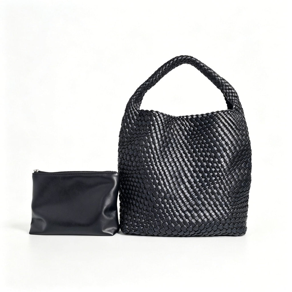 Textured Braided Vegan Leather Tote Bag with Cosmetic Case, view 6