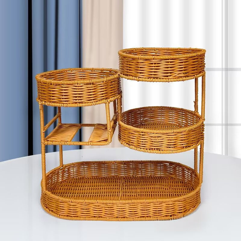 Three-Tier Round Natural Rattan Shelf, 40 × 37 × 20 cm for Home Storage, view 4