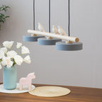 Triple Light Scandinavian Wood Beam Pendant Lamp with Ceramic Bird Accents | Thrascher
