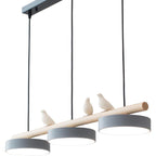 Triple Light Scandinavian Wood Beam Pendant Lamp with Ceramic Bird Accents | Thrascher