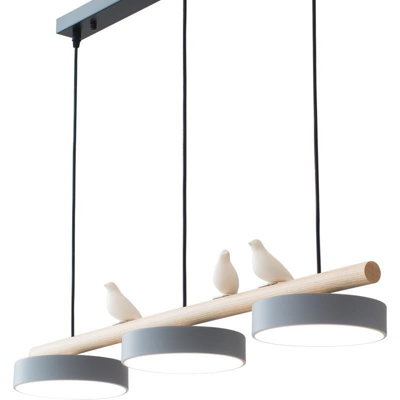 Triple Light Scandinavian Wood Beam Pendant Lamp with Ceramic Bird Accents | Thrascher