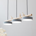Triple Light Scandinavian Wood Beam Pendant Lamp with Ceramic Bird Accents | Thrascher