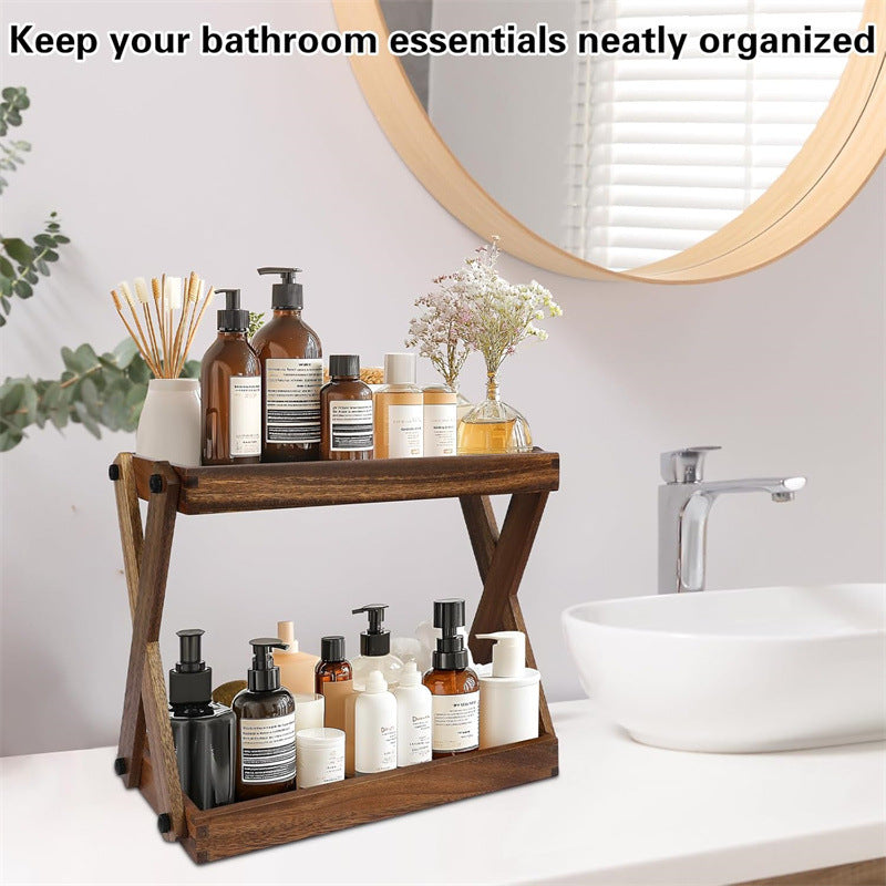 Two-Tier Solid Wood Bathroom Vanity Organizer Shelf, Freestanding, view 2