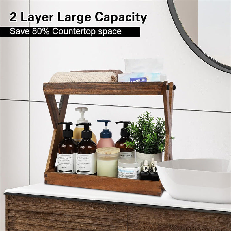 Two-Tier Solid Wood Bathroom Vanity Organizer Shelf, Freestanding, view 3