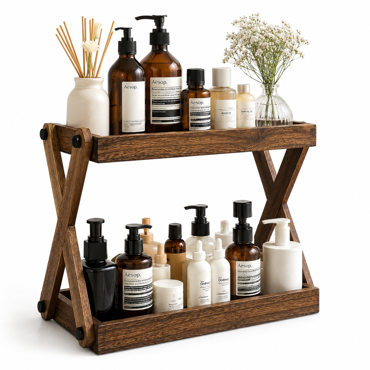 Two-Tier Solid Wood Bathroom Vanity Organizer Shelf, Freestanding