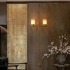 Vertical Brass Dual Glass Cylinder Wall Lamp with Strap Detail | Thrascher