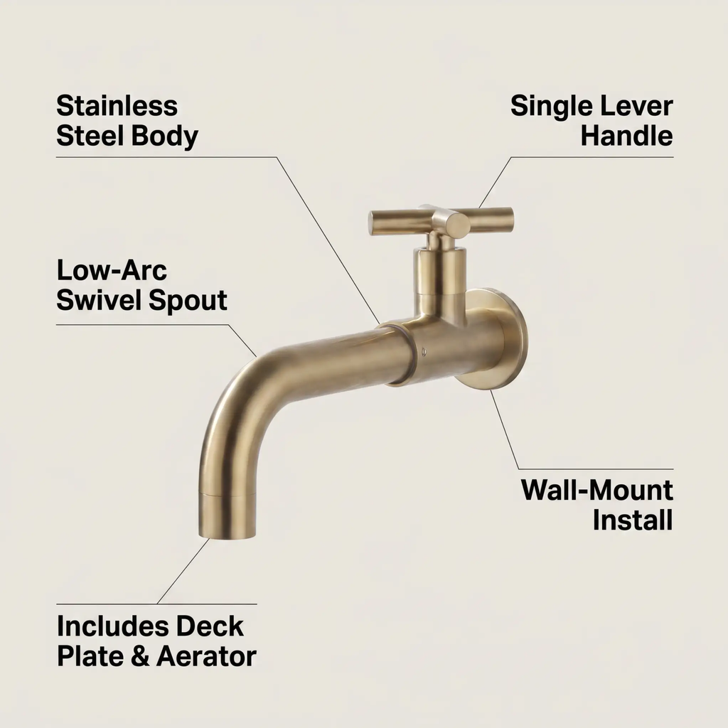 Wall-Mounted Stainless Steel Bathroom Faucet with Swivel Spout, 15 cm, view 11