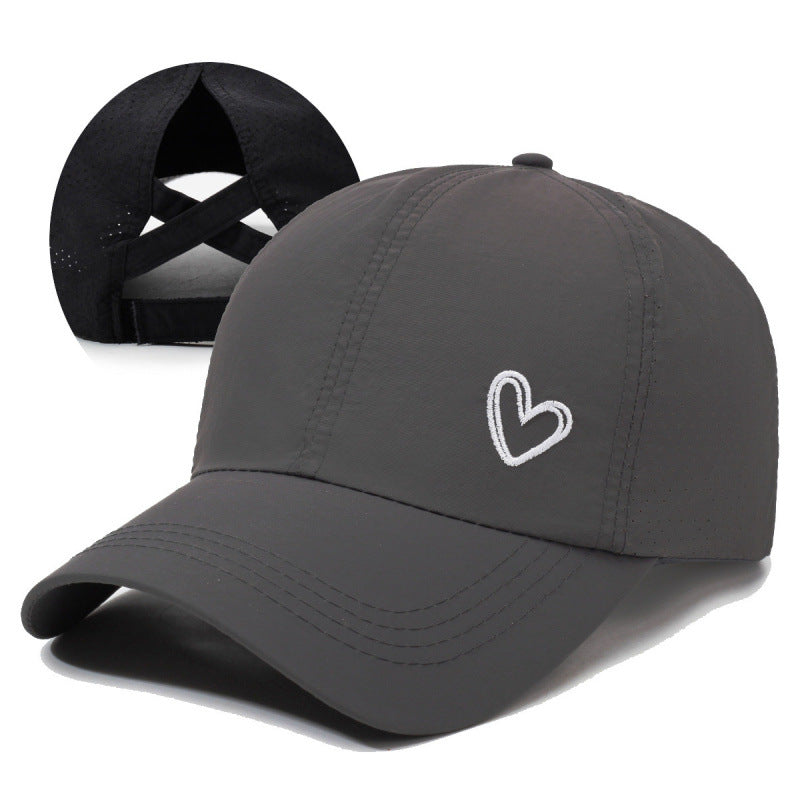 Women's Sporty Baseball Cap with Embroidered Heart Motif, Adjustable Strap