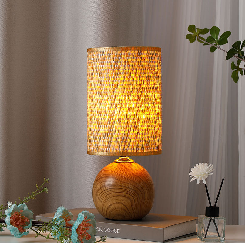 Wood Base Woven Rattan Umbrella Table Lamp | Thrascher