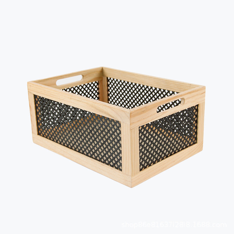 Wood Storage Box with Decorative Mesh Elements | Thrascher