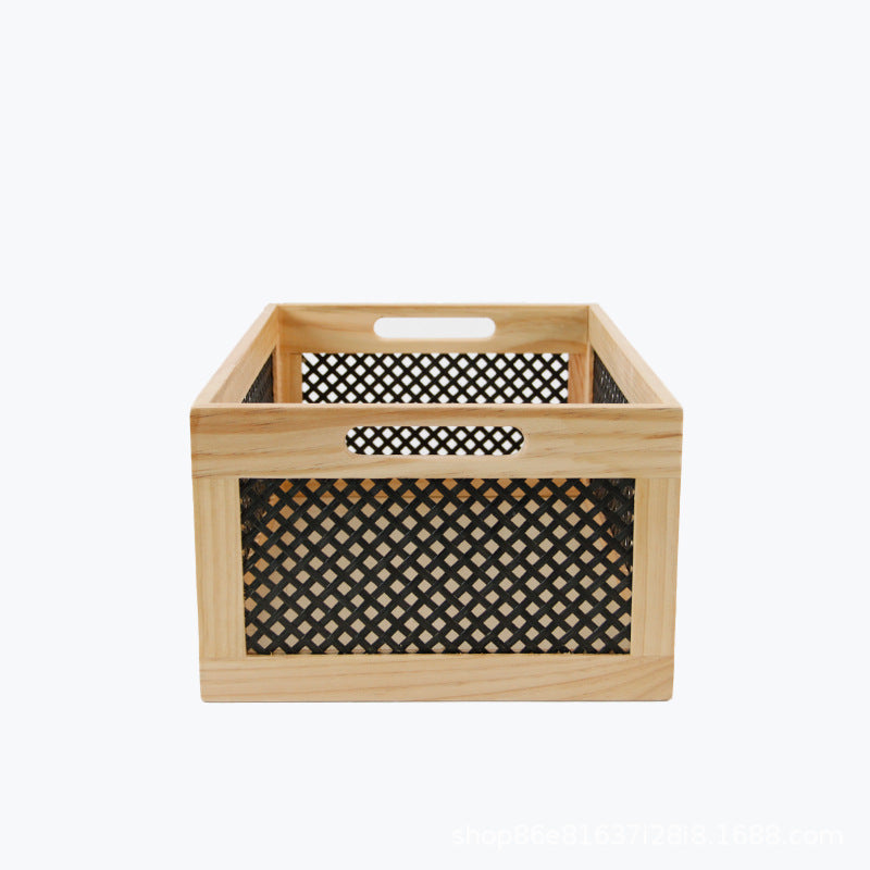 Wood Storage Box with Decorative Mesh Elements | Thrascher